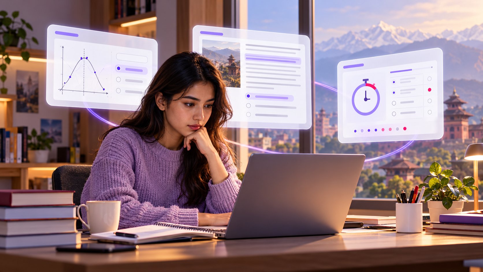 KUMAT student studying at a laptop with floating study and timed-test palettes