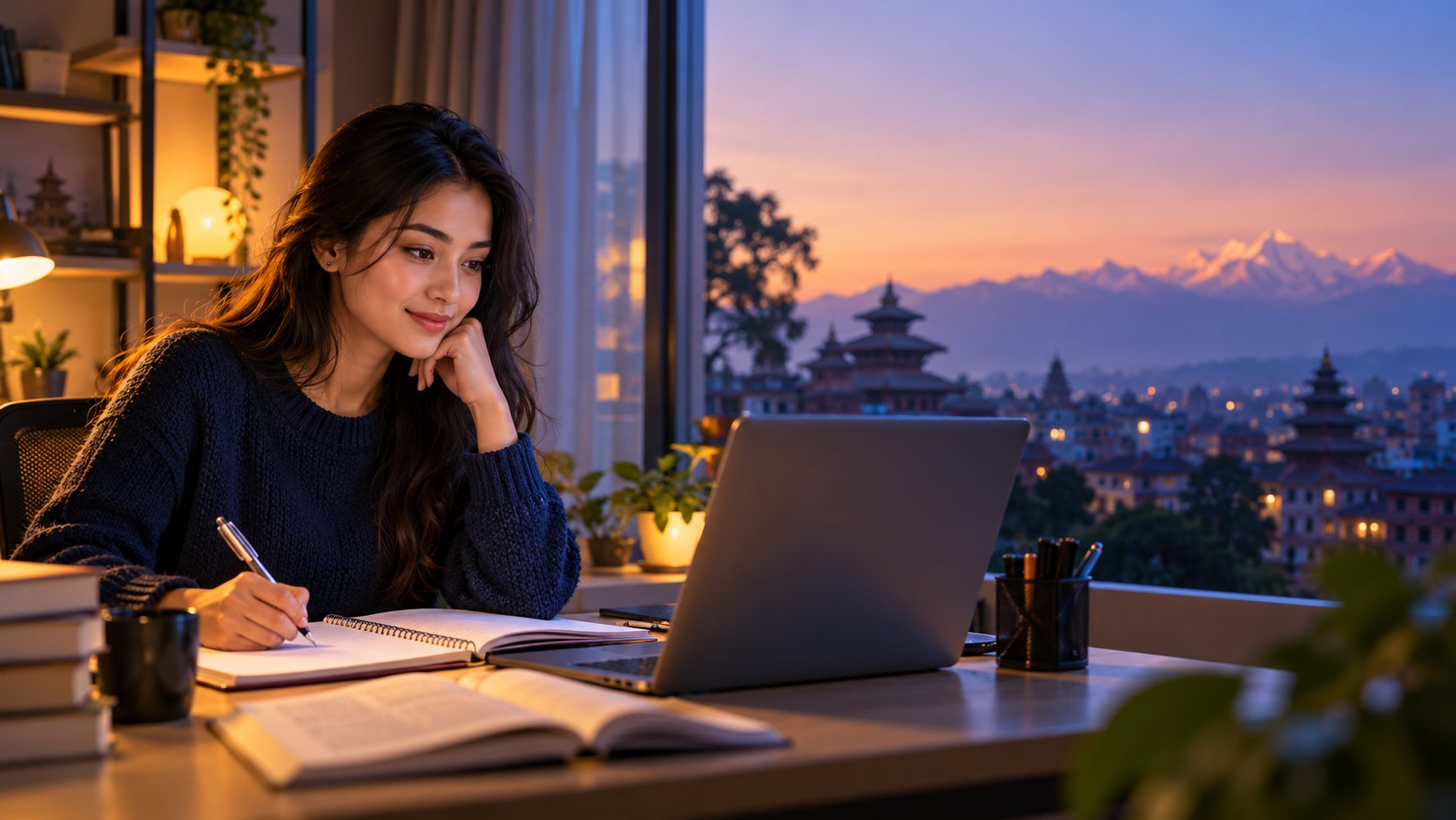 SOMAT student planning MBA entrance preparation at a laptop in Kathmandu